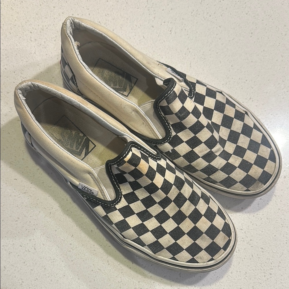 Vans Black and Cream Checkerboard Slip-Ons
